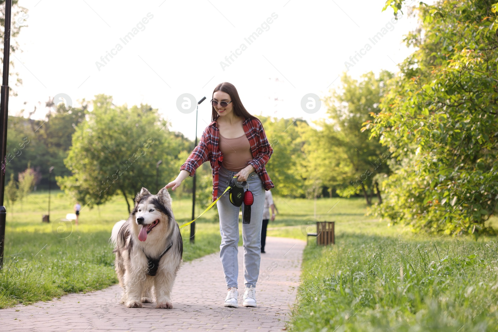 Happy woman walking with her cute Alaskan malamute dog in park Photo of Happy woman walking with her cute Alaskan malamute dog in park