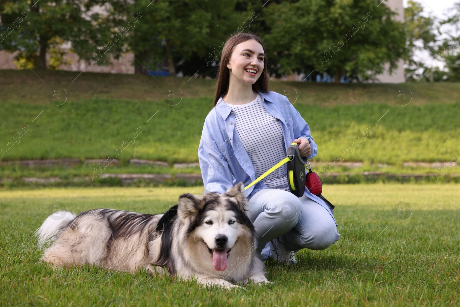 Happy woman with her cute Alaskan malamute dog on green grass outdoors Photo of Happy woman with her cute Alaskan malamute dog on green grass outdoors