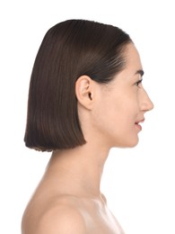 Photo of Beautiful woman on white background. Cosmetology and skincare