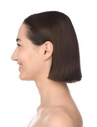 Photo of Smiling woman on white background. Cosmetology and skincare