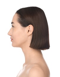 Photo of Beautiful woman on white background. Cosmetology and skincare