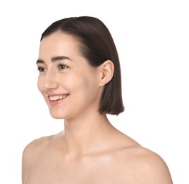 Photo of Smiling woman on white background. Cosmetology and skincare
