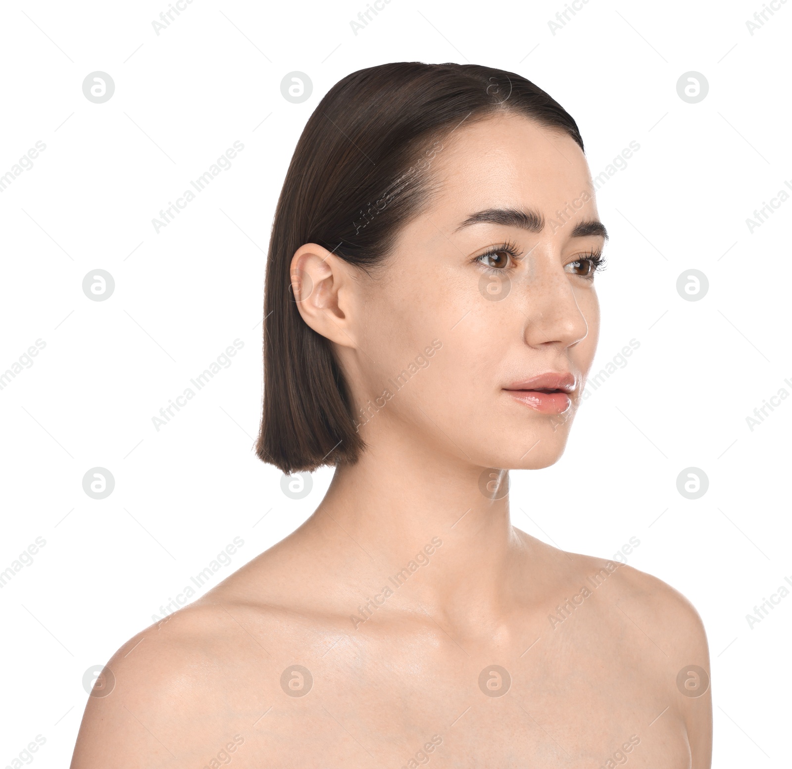 Beautiful woman on white background. Cosmetology and skincare Photo of Beautiful woman on white background. Cosmetology and skincare