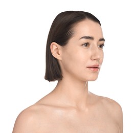 Photo of Beautiful woman on white background. Cosmetology and skincare