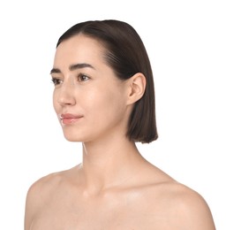 Photo of Beautiful woman on white background. Cosmetology and skincare