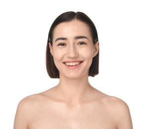 Photo of Portrait of smiling woman on white background. Cosmetology and skincare