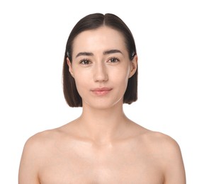 Photo of Portrait of beautiful woman on white background. Cosmetology and skincare