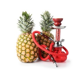 Photo of Red traditional hookah and pineapples isolated on white