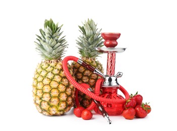 Photo of Red traditional hookah, pineapples and strawberries isolated on white