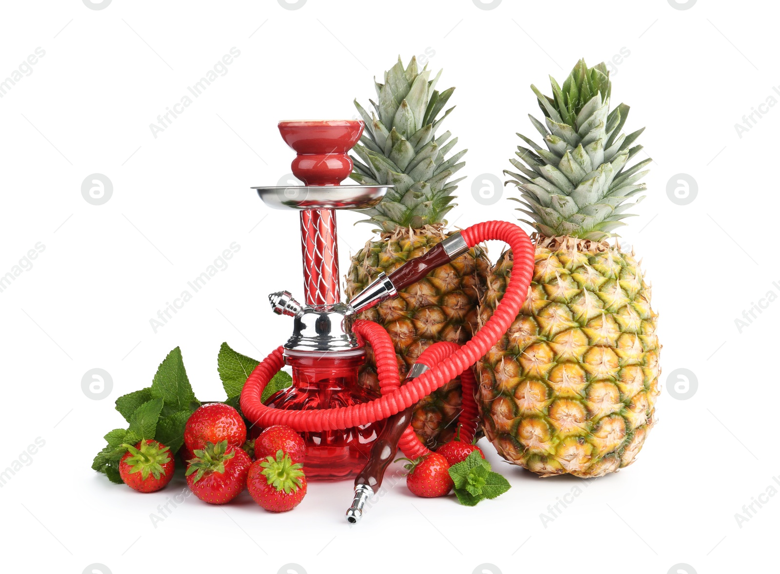 Photo of Red traditional hookah, pineapples, strawberries and mint isolated on white