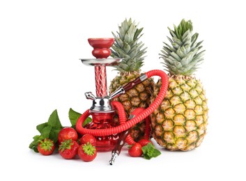 Photo of Red traditional hookah, pineapples, strawberries and mint isolated on white