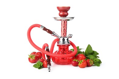 Photo of Red traditional hookah, strawberries and mint isolated on white