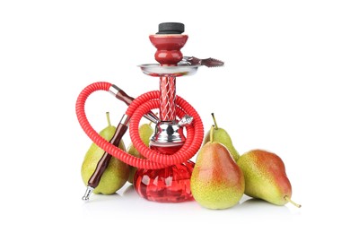 Photo of Red traditional hookah and pears isolated on white