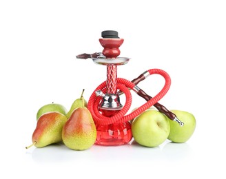 Photo of Red traditional hookah, pears and apples isolated on white