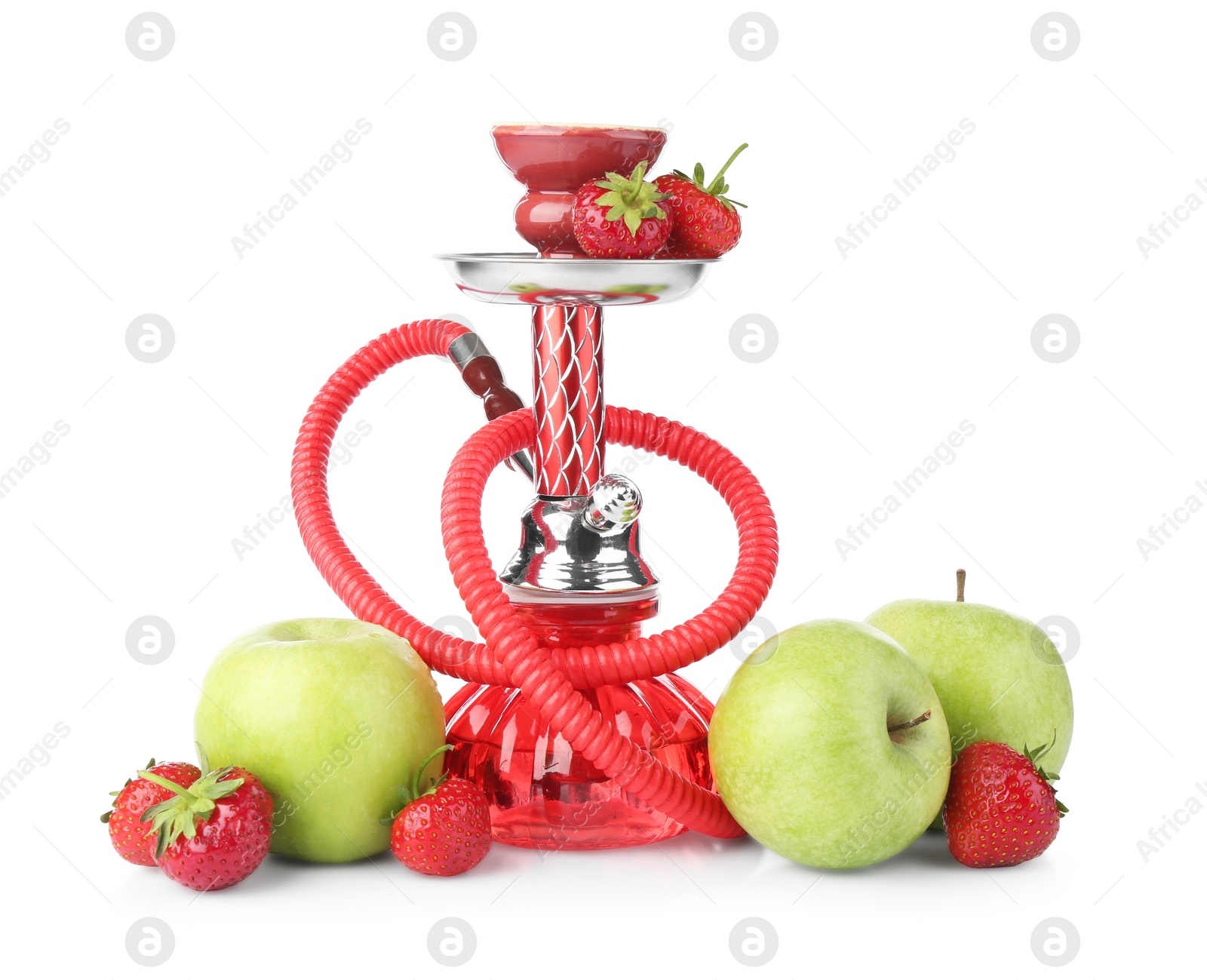 Photo of Red traditional hookah, apples and strawberries isolated on white