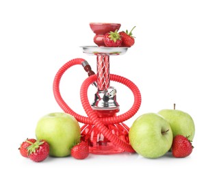 Photo of Red traditional hookah, apples and strawberries isolated on white