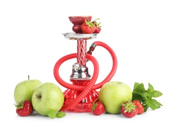 Photo of Red traditional hookah, apples, strawberries and mint isolated on white