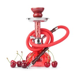 Photo of Red traditional hookah and cherries isolated on white