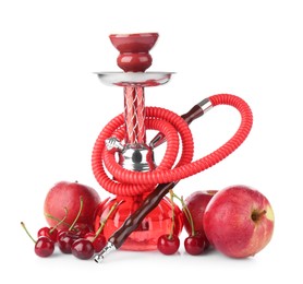 Photo of Red traditional hookah, apples and cherries isolated on white