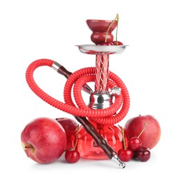 Photo of Red traditional hookah, apples and cherries isolated on white