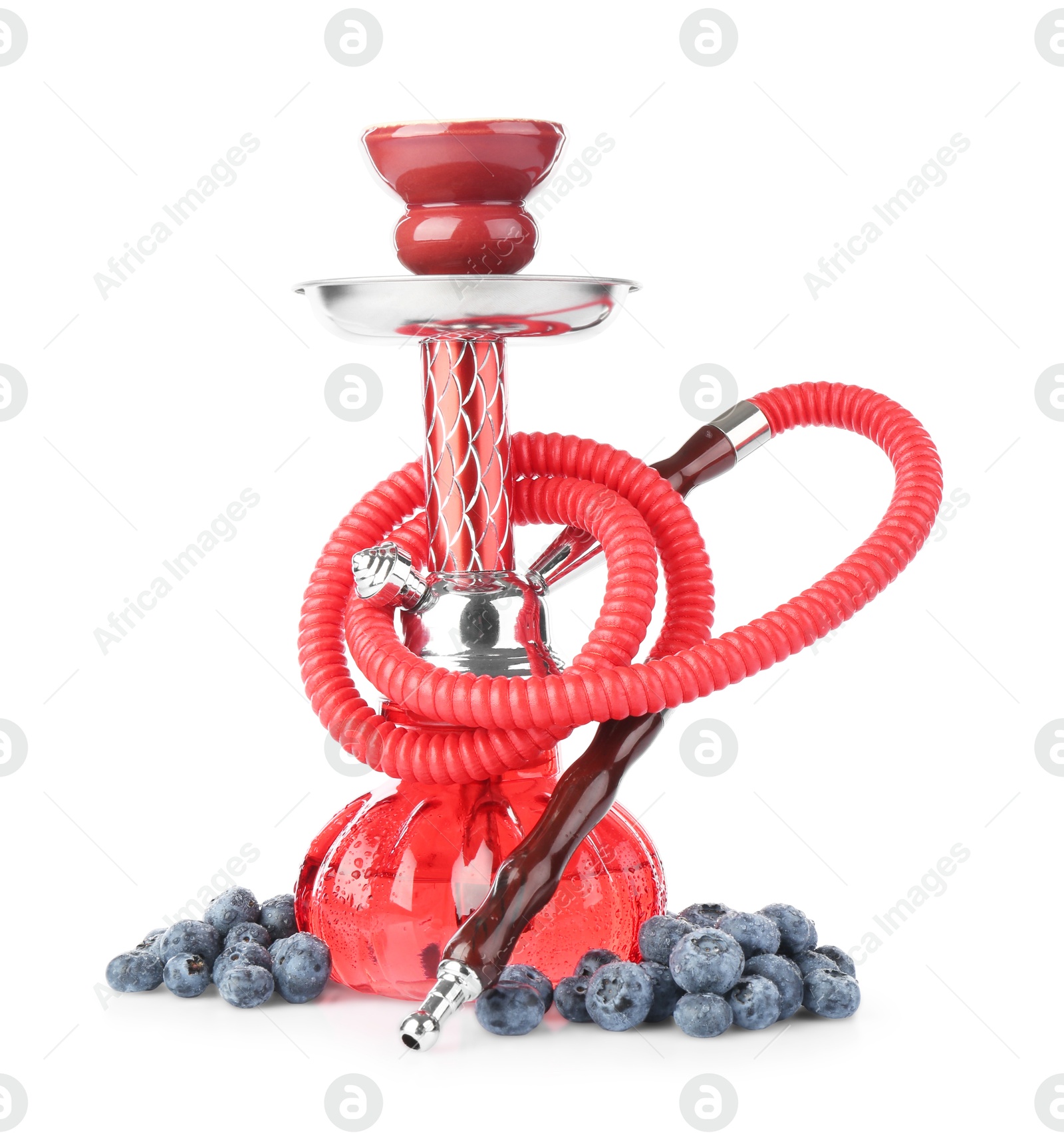 Photo of Red traditional hookah and blueberries isolated on white
