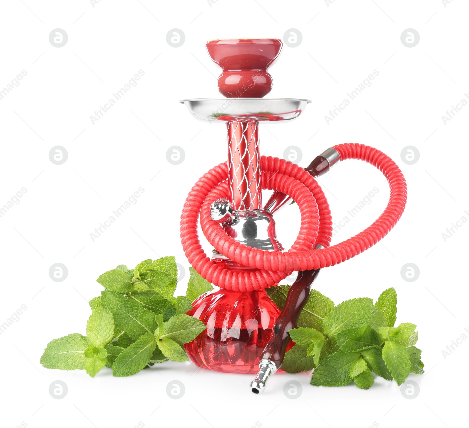 Photo of Red traditional hookah and mint isolated on white
