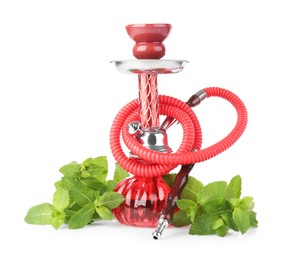 Photo of Red traditional hookah and mint isolated on white