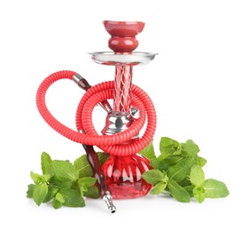 Photo of Red traditional hookah and mint isolated on white