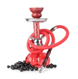 Photo of Red traditional hookah and black currants isolated on white