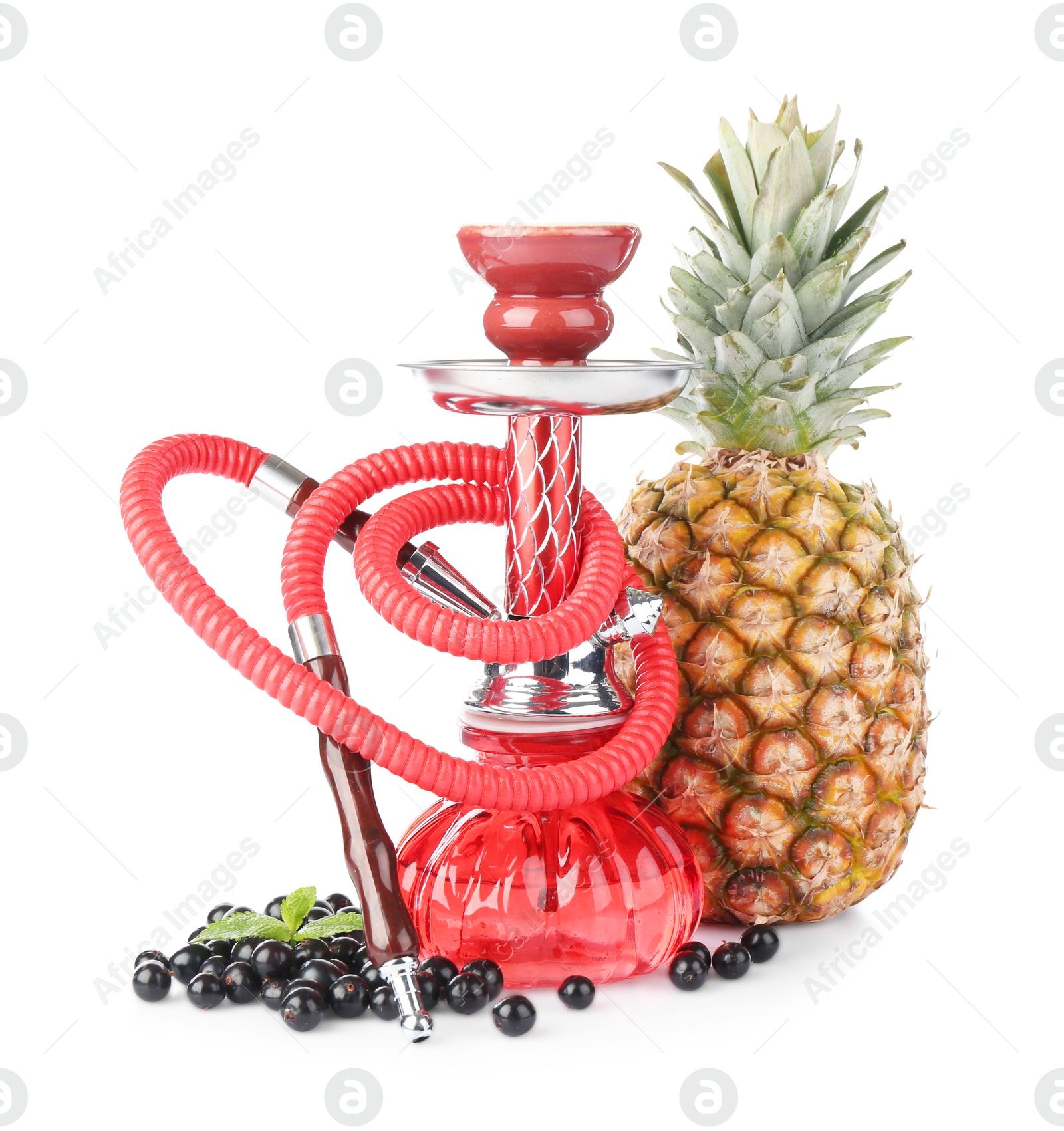 Photo of Red traditional hookah, pineapple, black currants and mint isolated on white