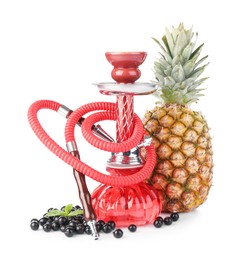 Photo of Red traditional hookah, pineapple, black currants and mint isolated on white