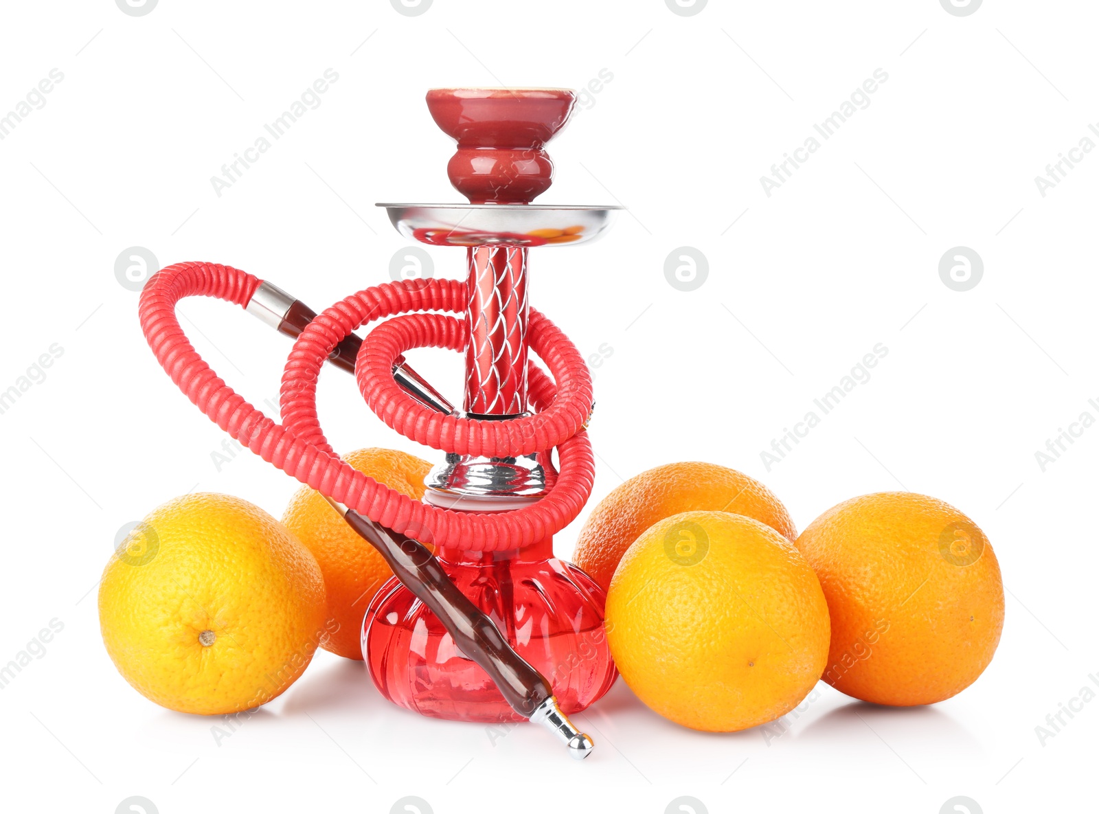 Photo of Red traditional hookah and oranges isolated on white