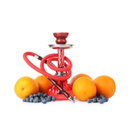 Photo of Red traditional hookah, oranges and blueberries isolated on white