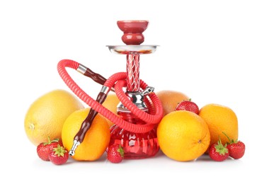 Photo of Red traditional hookah, grapefruits, oranges and strawberries isolated on white