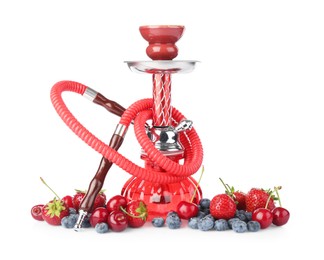 Photo of Red traditional hookah, cherries, strawberries and blueberries isolated on white