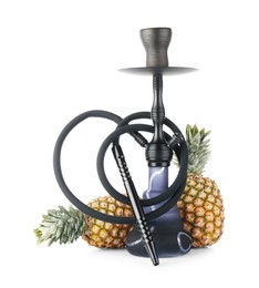 Photo of Dark traditional hookah and pineapples isolated on white