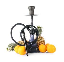 Photo of Hookah, pineapples and oranges isolated on white