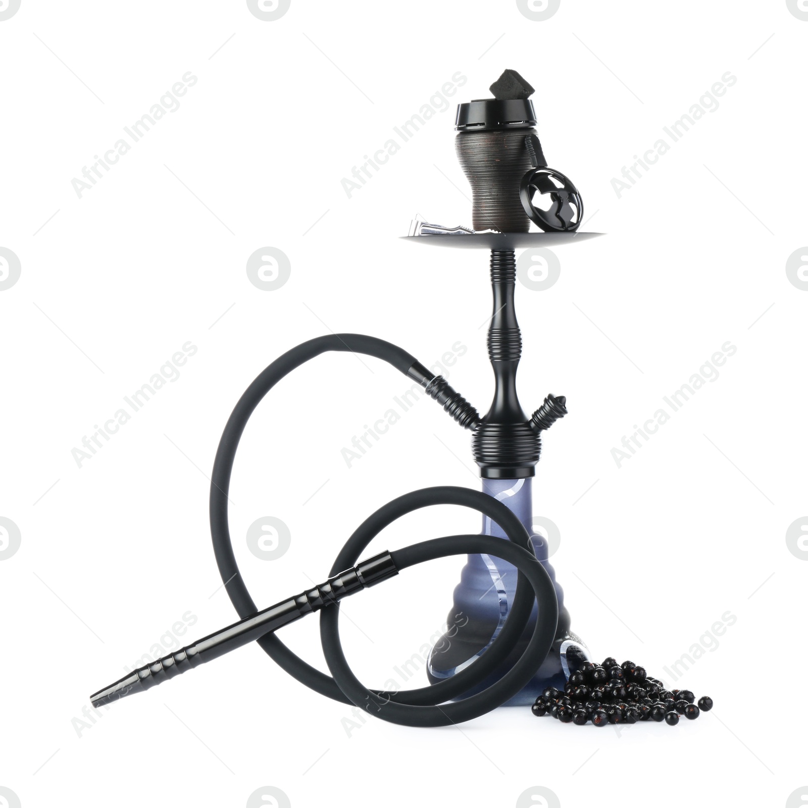 Photo of Dark traditional hookah and black currants isolated on white