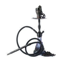 Photo of Dark traditional hookah and black currants isolated on white
