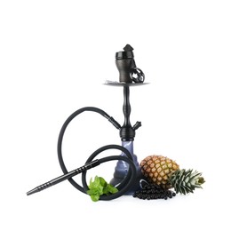 Photo of Dark traditional hookah, pineapples, black currants and mint isolated on white