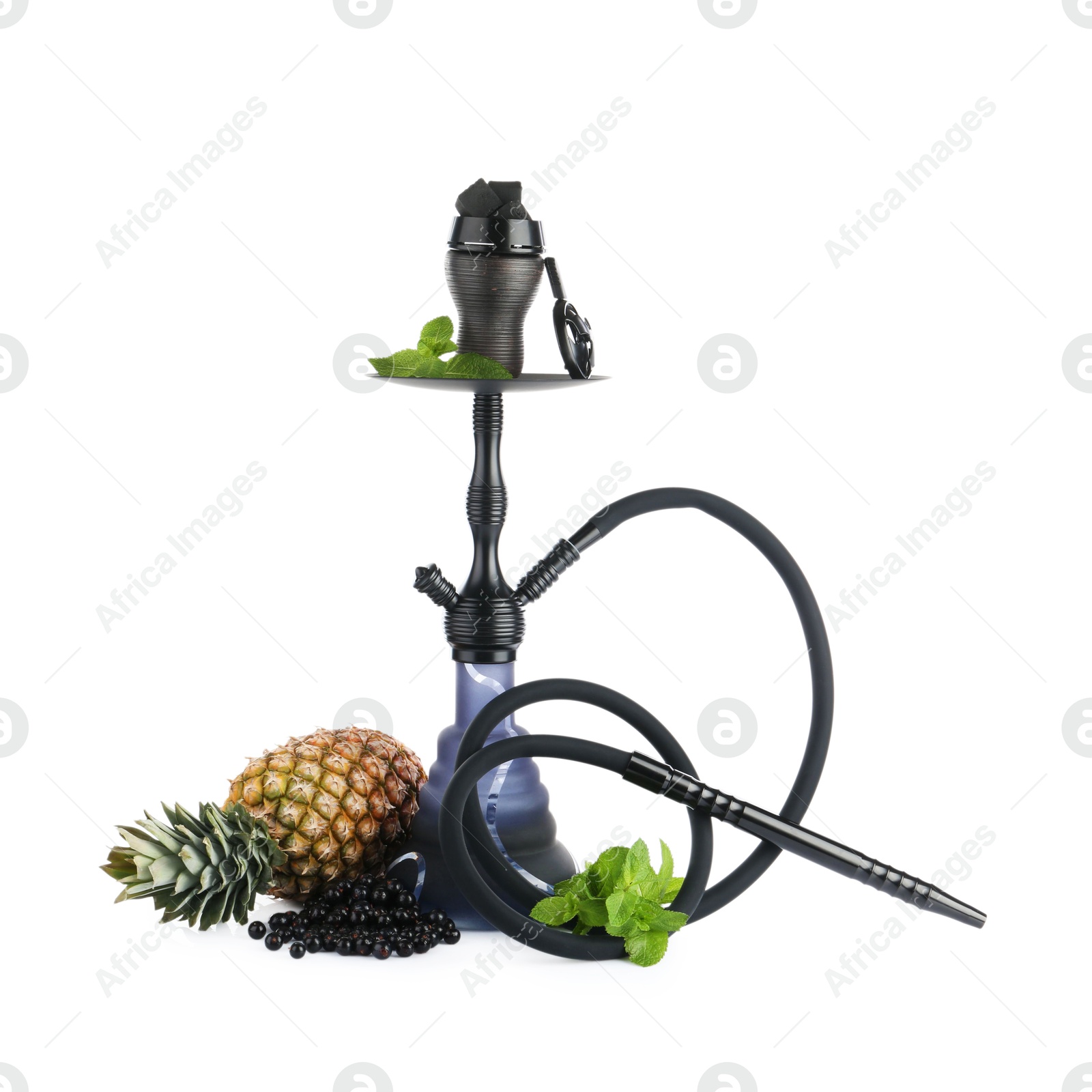 Photo of Dark traditional hookah, pineapples, black currants and mint isolated on white
