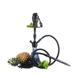 Photo of Dark traditional hookah, pineapples, black currants and mint isolated on white