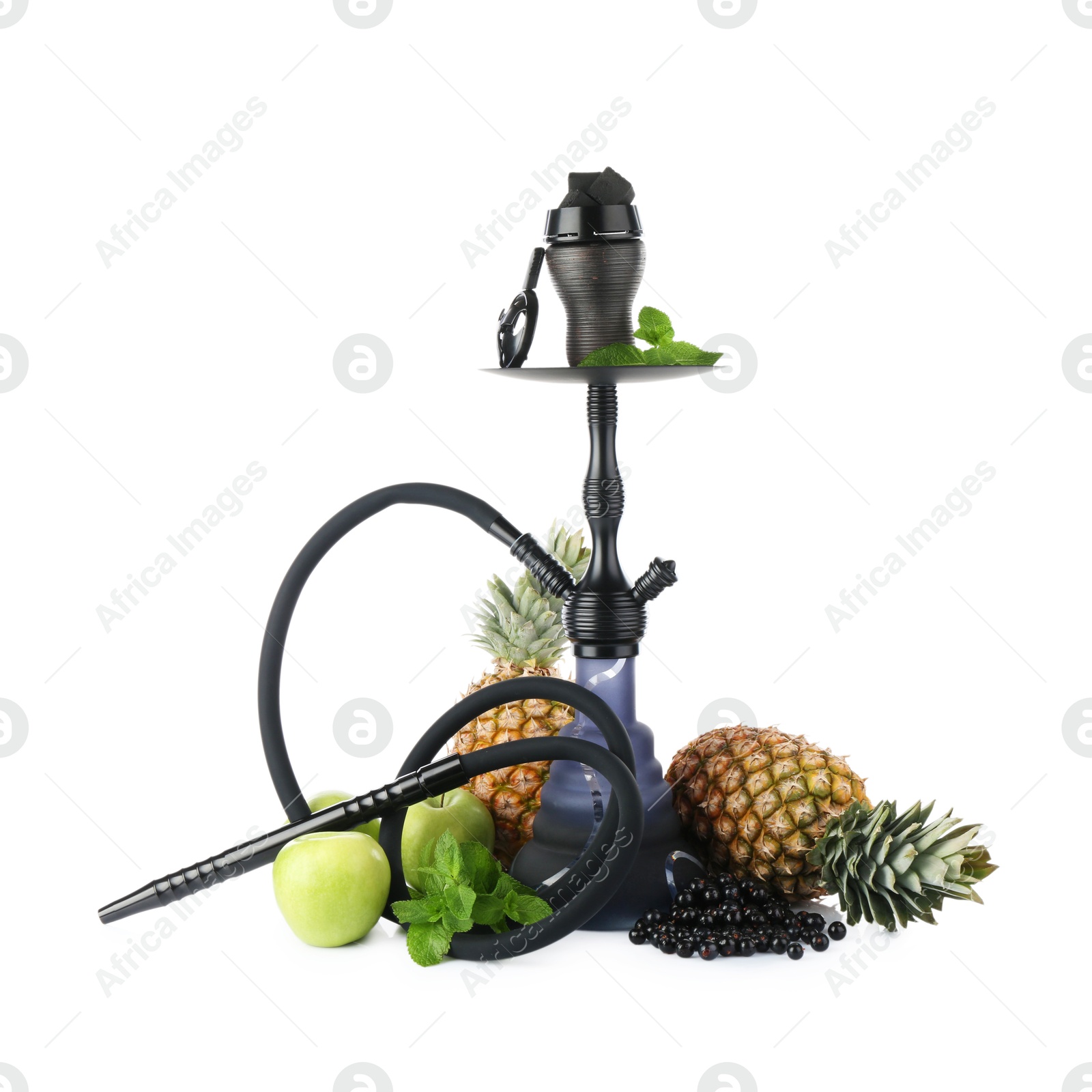 Photo of Dark traditional hookah, pineapples, apples, black currants and mint isolated on white