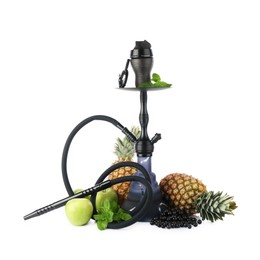 Photo of Dark traditional hookah, pineapples, apples, black currants and mint isolated on white