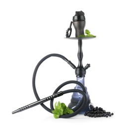 Photo of Dark traditional hookah, black currants and mint isolated on white