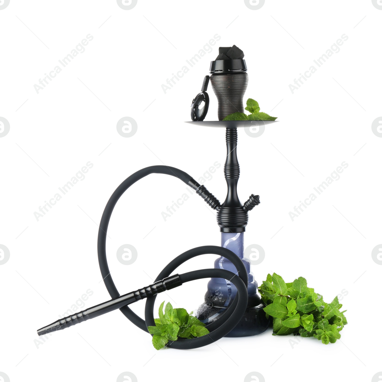 Photo of Dark traditional hookah and mint isolated on white