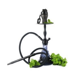 Photo of Dark traditional hookah and mint isolated on white