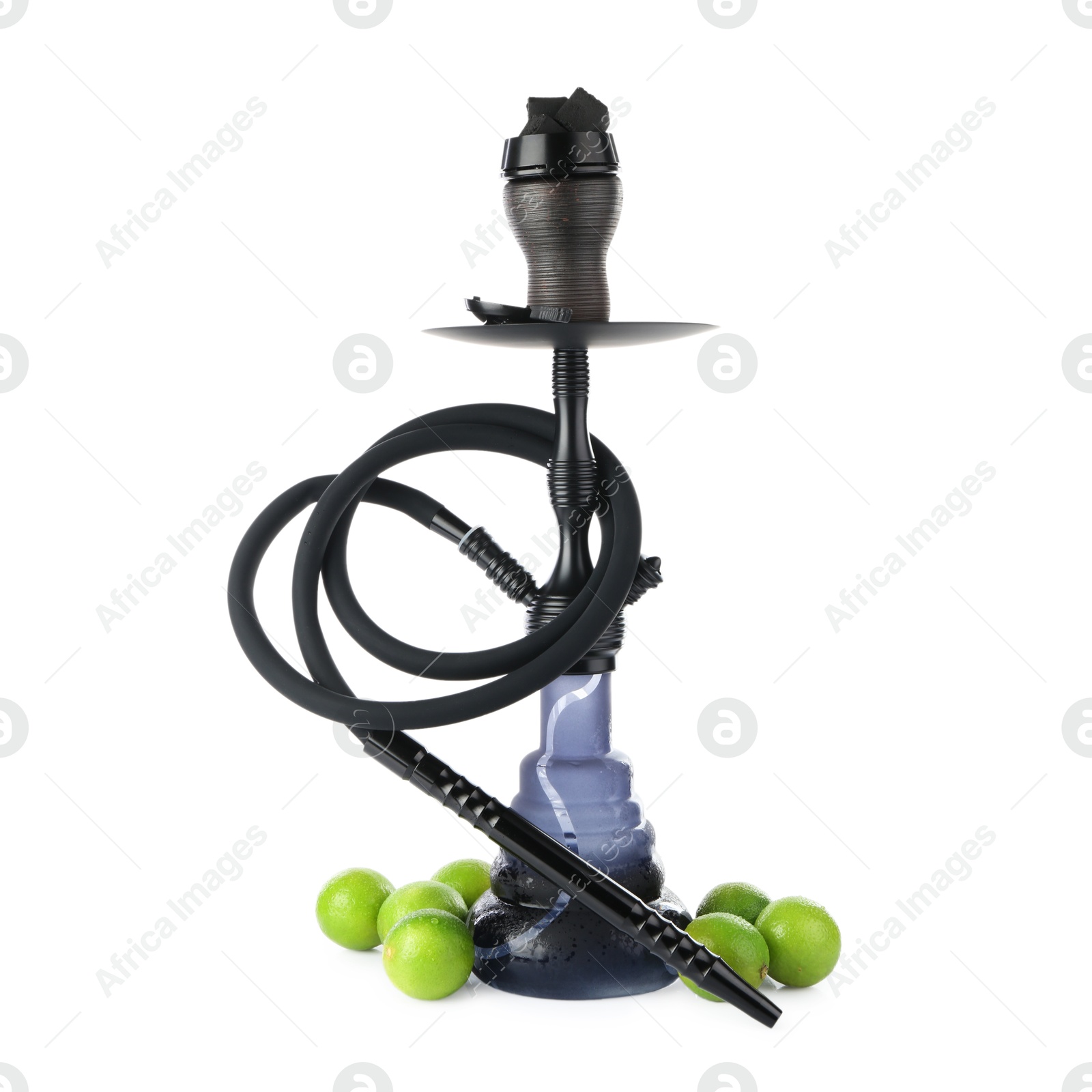 Photo of Dark traditional hookah and limes isolated on white
