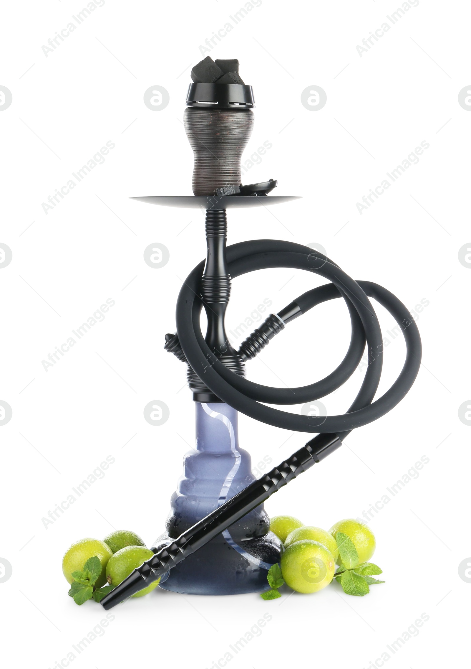 Photo of Dark traditional hookah, limes and mint isolated on white