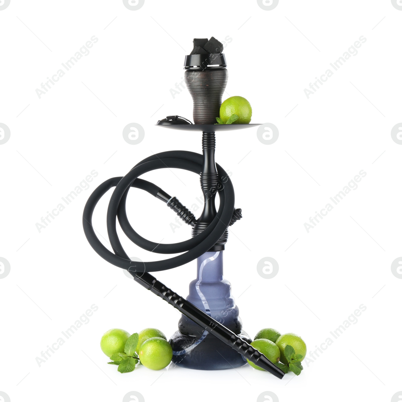 Photo of Dark traditional hookah, limes and mint isolated on white